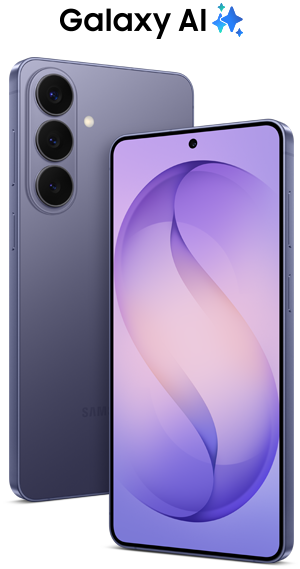 Two Samsung Galaxy S26+ smartphones, one showing the front and the other showing the back with three rear cameras