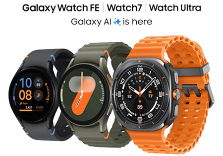 Samsung Galaxy Watch FE, Watch 7, and Watch Ultra.  Galaxy AI is here.