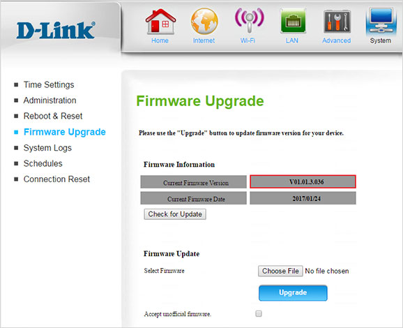D-Link 4G LTE Router DWR-922 Firmware Confirmation Screen